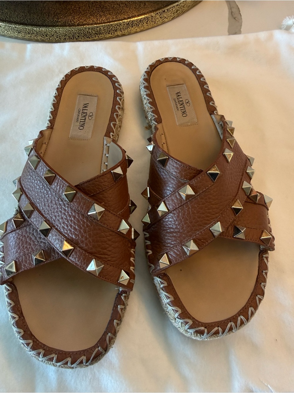Valentino Brown Leather Rockstud Cross-Strap Slide Mules